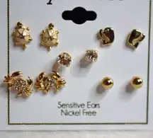NWT Bay Studio Beach Fun Gold Tone Whale/Turtle/Crab/Crystal 5pr.Post Earrings