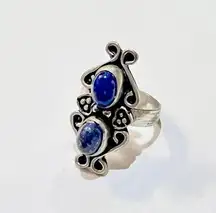 VINTAGE UNIQUE LAPIS BLUE DOUBLE STONE SILVER RING — SIZE 7 — ORNATE