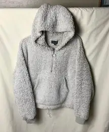 NWT  Beige Gray Faux Fur Short Hoodie L