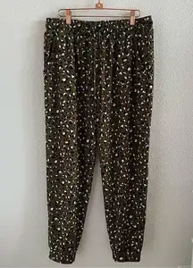 MELLODAY  Leopard Green Black Cream Jogger Pants Elastic Waist XL