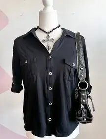 Black Button Up Top, Y2K‎ Retro Indie Sleaze Minimalist Gothic Grunge Large
