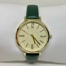 Women gold tone watch 35mm round case quartz analog green leather band running