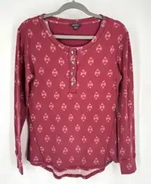 Eddie Bauer Women's Printed Waffle Knit Long Sleeve‎ Henley Top Red Large Ikat
