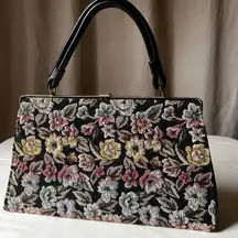 Vintage Dover Floral Tapestry Carpetbag Purse Black Gold Frame Top Handle