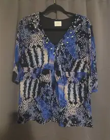 Emma James Embellished V-Neck, Women's XL Tunic Top, Blue Abstract‎ Print, Beads