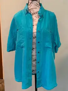 Vintage 80s Kunto Turquoise Button-Up Boxy Oversized Silk Shirt Women’s Small