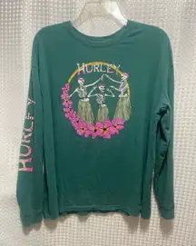 Hurley Green Long Sleeve Shirt with Skeleton and Floral Design