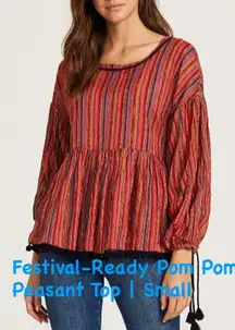 Amaryllis Metallic Stripe Pom Pom Boho Peasant Blouse Size Small