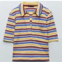 Zara striped ribbed cropped  knit polo shirt size small