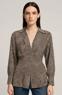 Topshop Zebra Animal Print Wrap Collared Tie Waist Long Sleeve Blouse Size 10