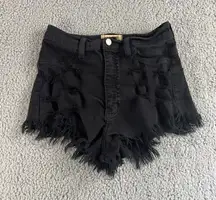 Womens Black Denim Shorts Medium Distressed Fringe‎ Raw Hem High Rise Boho Party