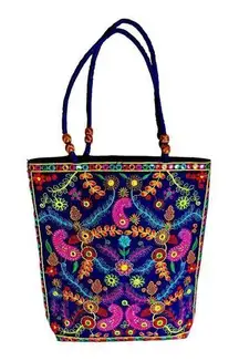Hand Embroidered Woven‎ Bag with Floral Decoration Zipper Closure