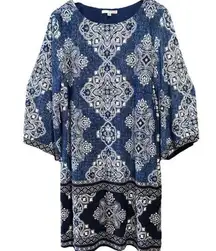 Studio One New York Women's Blue Patterned Dress 3/4 Length Bell Sleeves Size XL