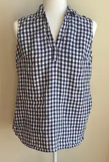 100% Linen Jones New York Sport Navy Gingham Checked Sleeveless Collared V-Neck
