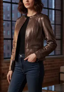 Bernardo Bronze Metallic Zipper Leather‎ Jacket Womens Size Large