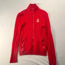 Lauren Ralph Lauren Red Cable Knit Full Zip Sweater Jacket XXS Gold Logo
