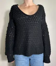Free People Black Chunky Oversized Scoop Neck Crochet Sweater Size XS
