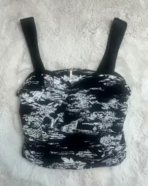 NWT Free People Two Tone Ruched Floral Picot Trim Tank Top Black Combo Large