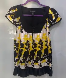 INC International Concepts Women's Black Yellow Flower Print Babydoll Top 2