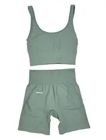 Second Left - Seamless Low Back Crop Top and Seamless Bike Shorts in Sage Green