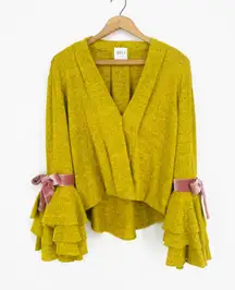 Boho Lemon Wrap Top Ribbon Bell Sleeves Size XS