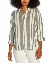 Orvis‎ Women's Linen Blend Striped Button Down Size Small White Navy Blue