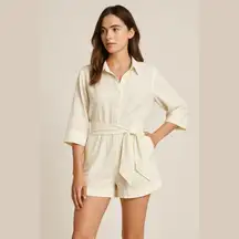 Free Assembly cream linen blend shorts romper jumpsuit belt button front Sz S