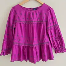 Kaari Blue purple embroidered floral layered peasant boho chic top