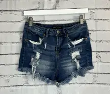 Almost Famous High Rise Denim Jean Shorts Size 3 Distressed Frayed Light Wash