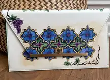 La Rose De Sim Arabesque Tiles Beige and Blue Envelope Turn Lock Purse Bag $500