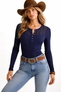 Ariat Womens Navy Blue Long Sleeve Henley Shirt Lace Yoke Thermal Size S