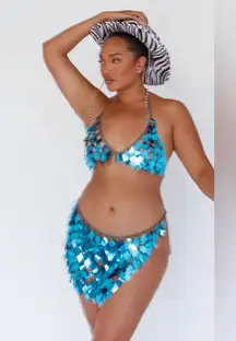 Selfie Leslie River Festival Shiny Sequins 2 Piece Set Blue NWOT