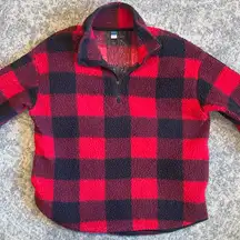 Old Navy Maternity Sherpa Half-Zip Pullover in Red Buffalo Plaid
