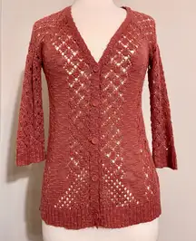 Pink Rose Sheer Crochet Button Up Cardigan Mocha Umber S Small