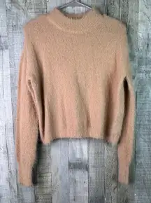 Sun + Moon Small Mock Neck Fuzzy Tan Long Sleeve Cropped Sweater