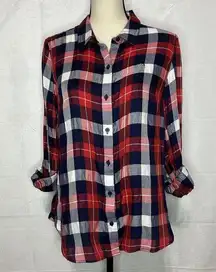 Tommy Hilfiger Red Navy White Checked Roll-Tab Sleeve Button-Down Shirt M