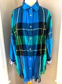 Tizzie Plaid Fringe Shirt Size Medium Long Roll Tab Sleeve Button Up Collared