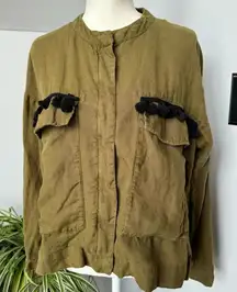 Zara Basic Women’s Olive Green Linen‎ Jacket size Medium Black Tassel Detail