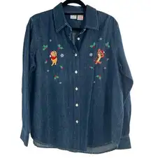 DISNEY Vintage Winnie the Pooh & Tiger Christmas Metallic Denim  L/S Shirt Sz L