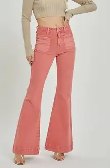 NWT Risen Remington Patch Pocket High Rise Flare Jeans size 9/29 Coral Faded Red