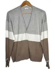 CYRUS Color‎ Block Cardigan Women Size Large Gray White Brown Long Sleeve