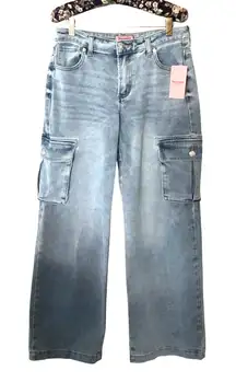 Juicy Couture Wide Leg Cargo Jeans Light Wash Pink Logo Women’s Size 9/29