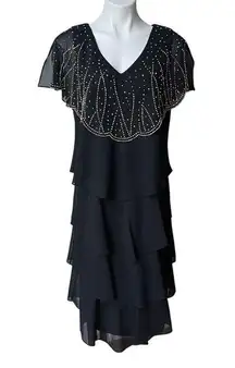 Patra by Joanna Chen Vintage Black Ruffled Gold Beaded Tiered Flapper Dress