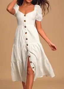 Lulus You're My Home White Eyelet Lace Button Front Tiered Midi Dress Medium NWT