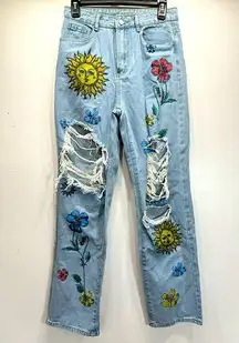 Destroyed Light Denim Sun & Tropical Flower Print High Rise Straight Leg Jeans