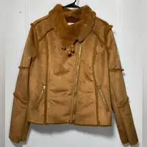 Wiya | Faux Suede Fur Full Zip Moto Jacket Camel Sz Medium