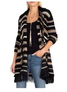 Johnny Was  Cardigan Black Brown Striped Long Sleeve Open Front Wool Sweater M