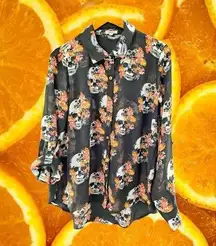 NEW Bongo Black‎ Skull and Flowers Sheer Shirt Size 1X