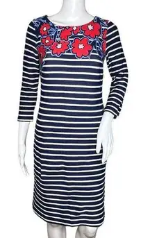 Talbots  Dress Womens XS Petite Navy Blue White Striped Floral Sheath Work Casual