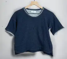Navy Blue Boxy Raw Edge Crop Short Sleeve Pullover Sweatshirt Sz S